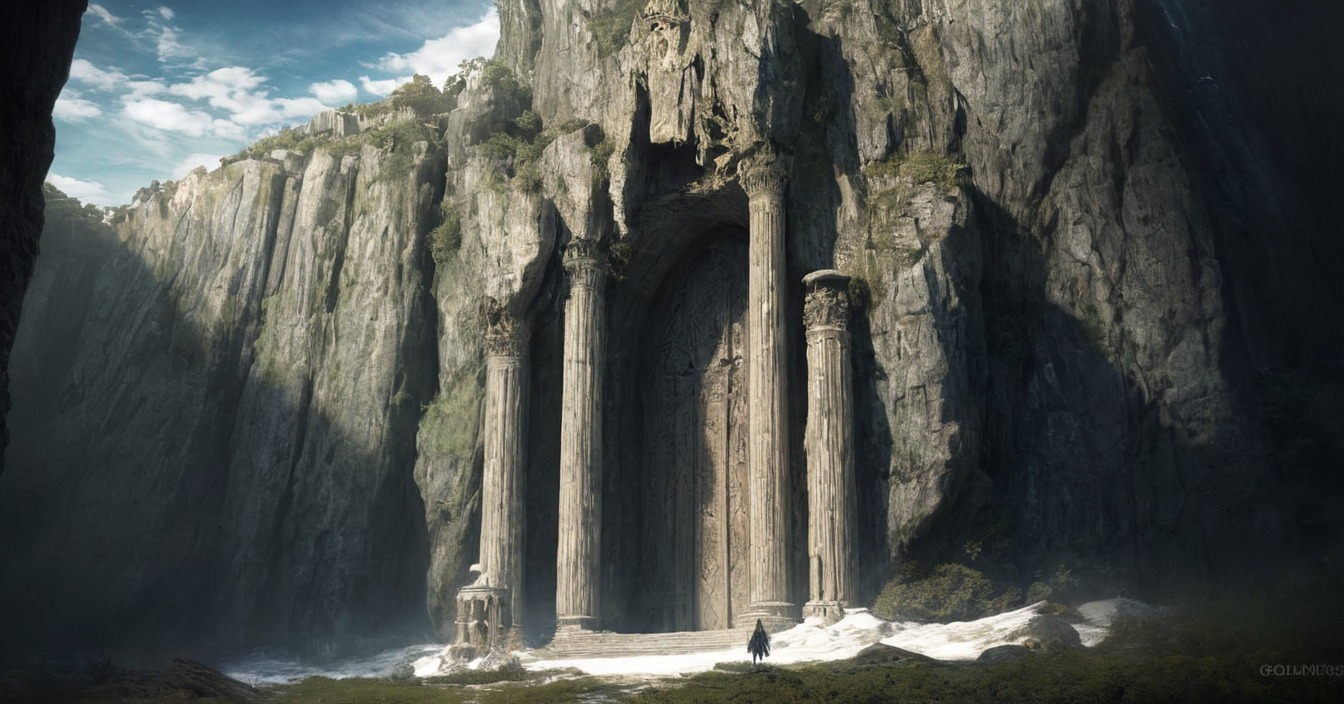 gate, architecture, castle, cliffs, conceptart, environment, fantasylandscape, fortress, mountains, stronghold, worldbuilding