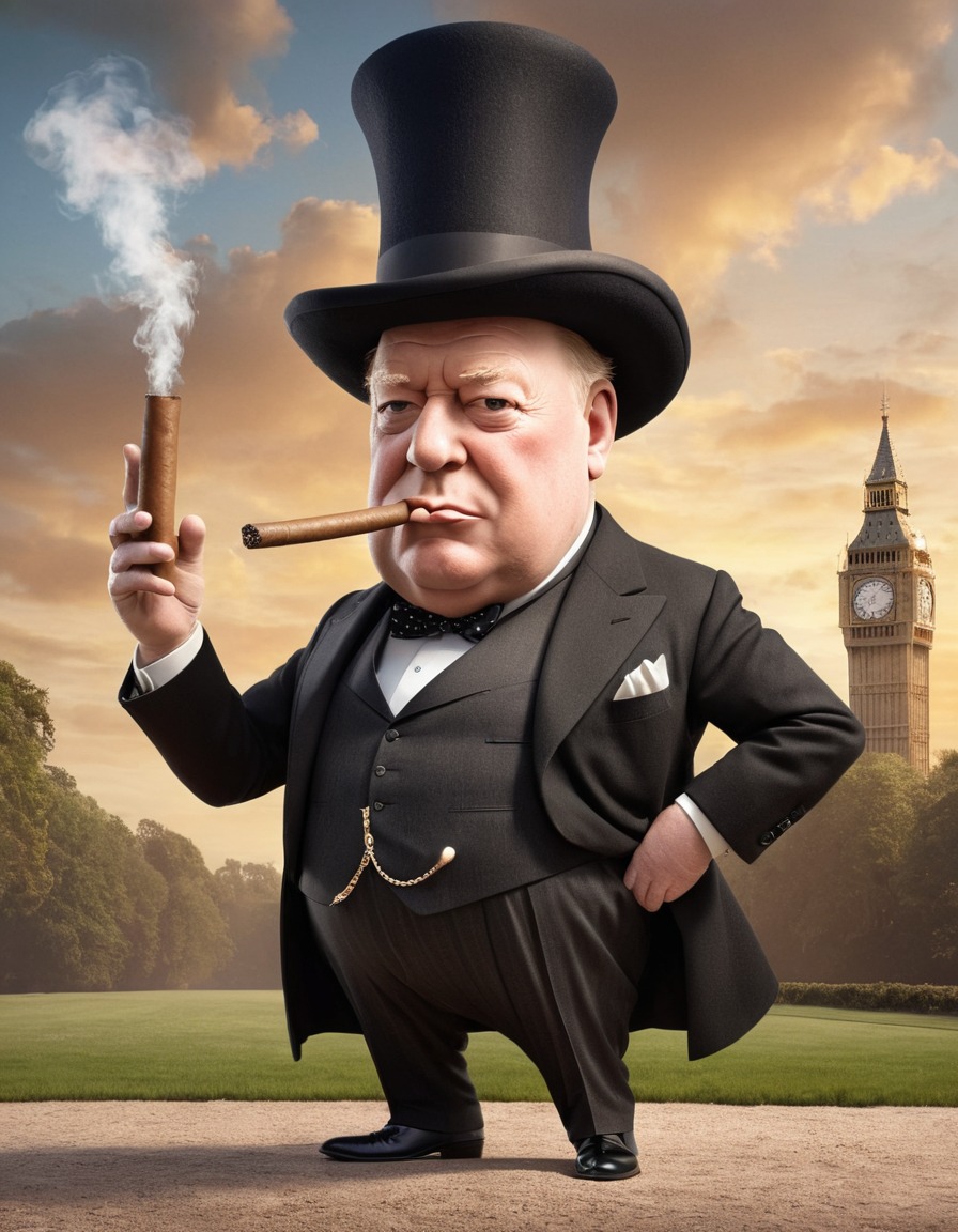 winston churchill, caricature, oversized, top hat, giant cigar, funny