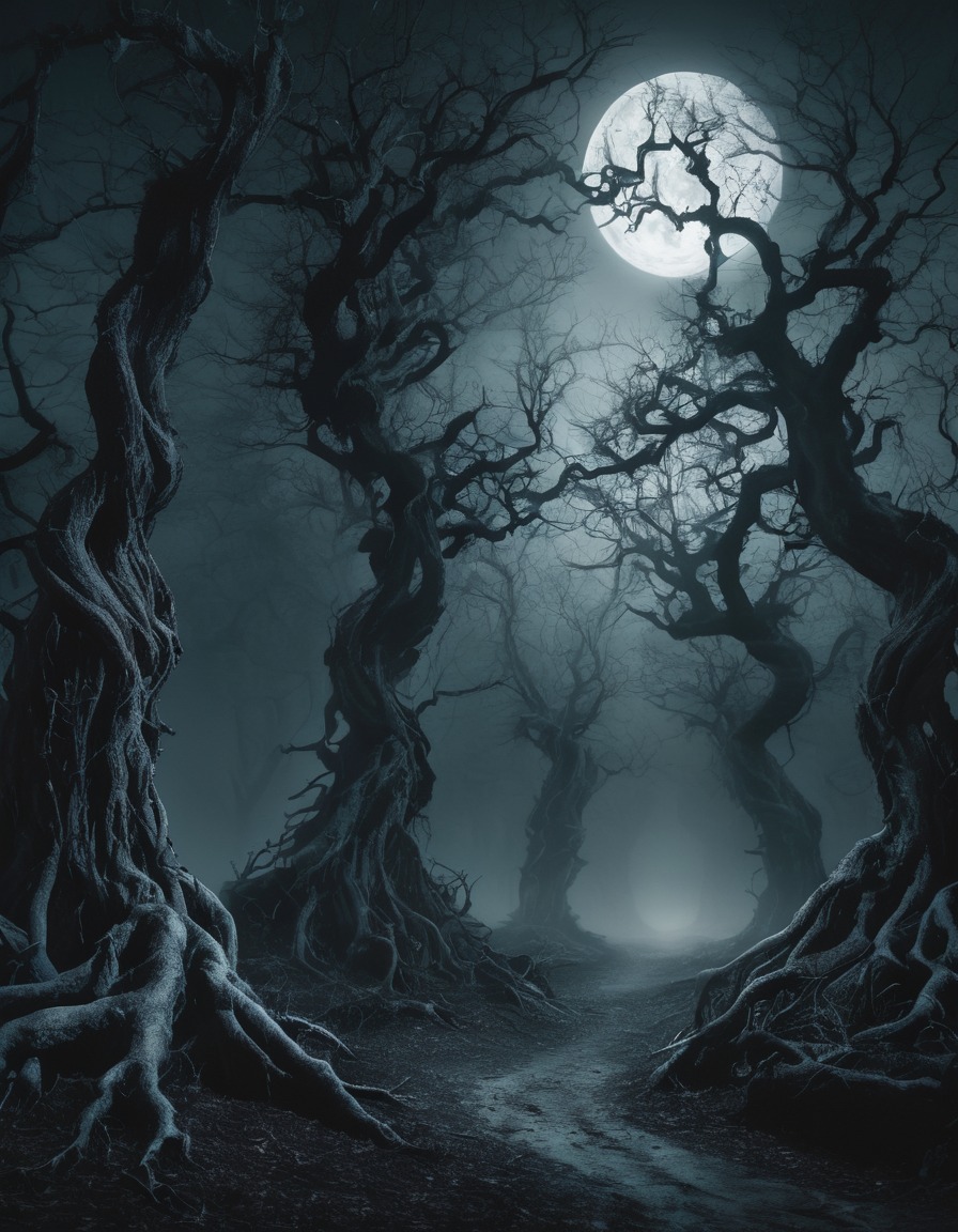 moonlit, forest, twisted trees, gnarled trees, fog, nature, gothic, underground, dark