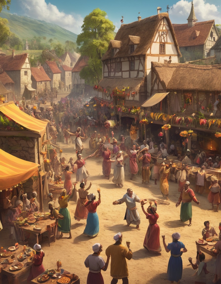 village, celebration, music, dancing, feasting, middle ages