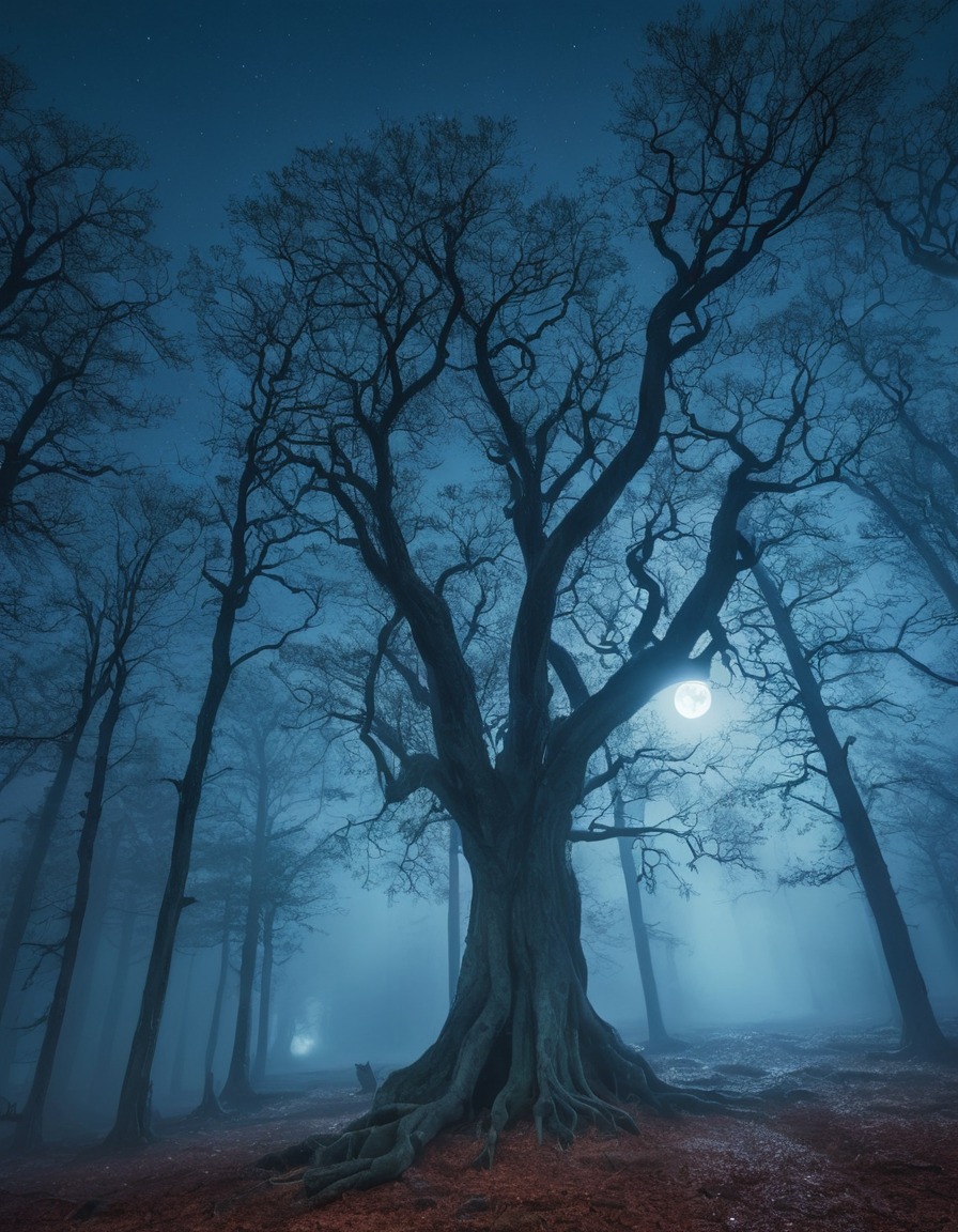 eerie, misty, forest, moonlit, ancient trees, lovecraft, howard lovecraft