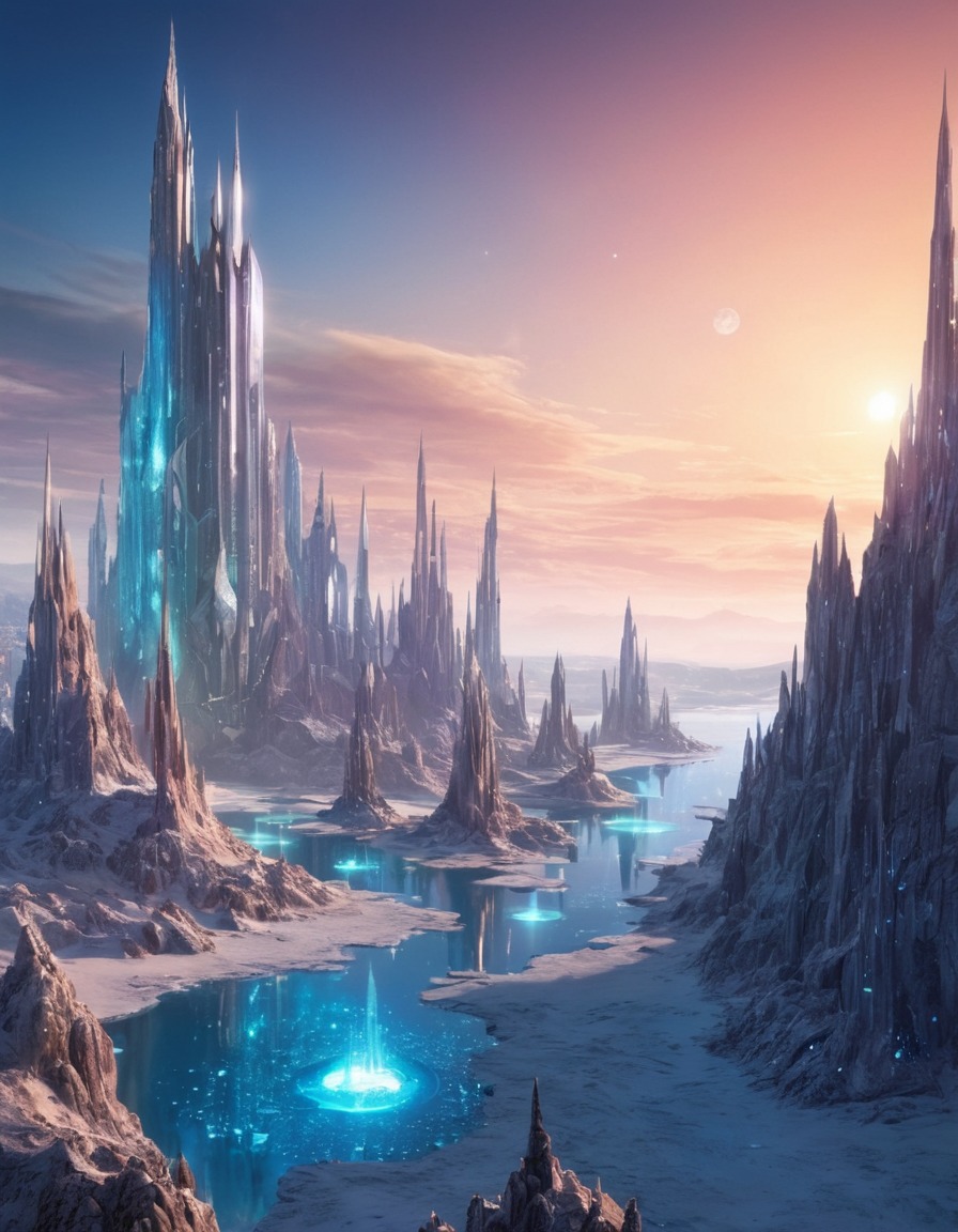 alien planet, cityscape, crystal buildings, futuristic architecture, extraterrestrial, aliens