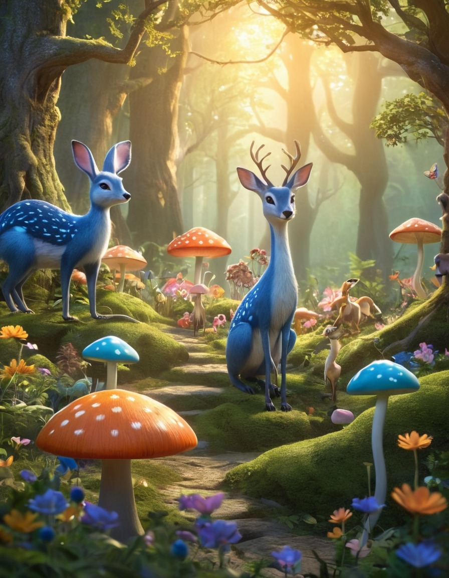 forest, whimsical, talking animals, glowing flora, fantastic