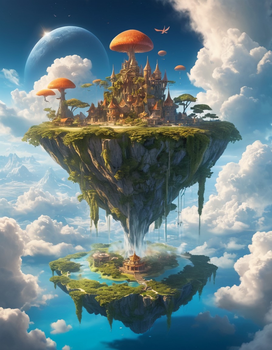 floating island, sky, winged creatures, cloud dwellers, harmony, fantastic