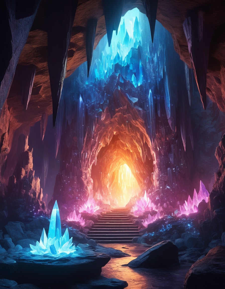 crystal cave, glowing crystals, mysterious energy, fantasy scene, magical atmosphere