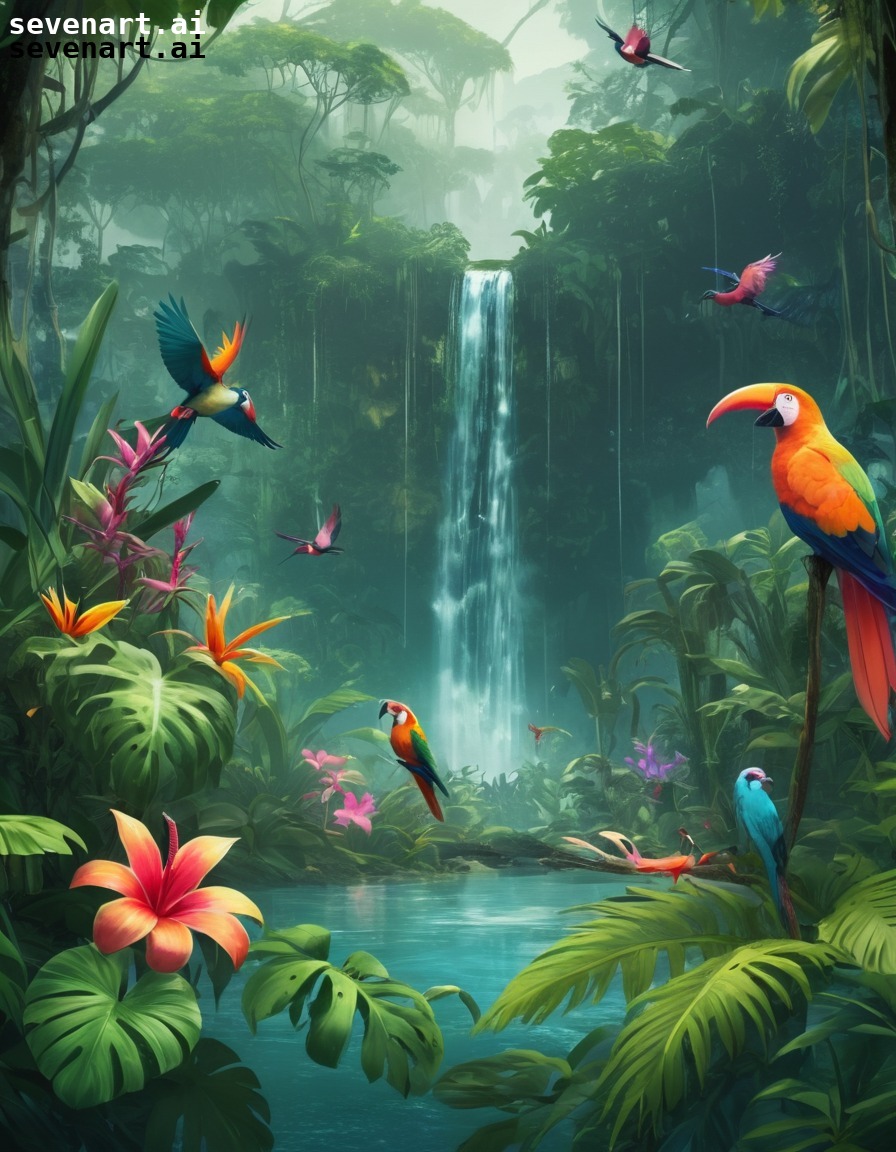 tropical, jungle, exotic birds, vibrant flowers, hidden waterfall, nature