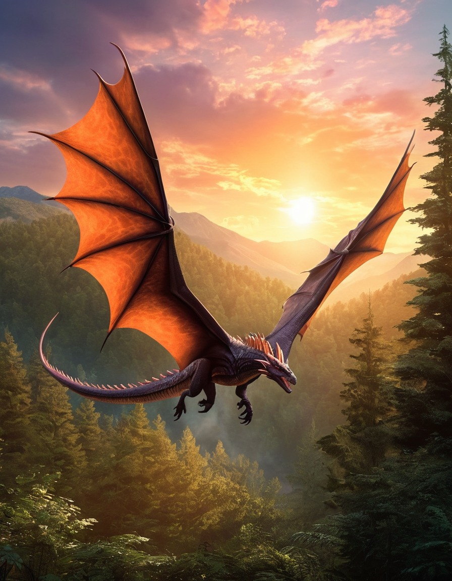 fantasy, wyvern, mystical, forest, sunset