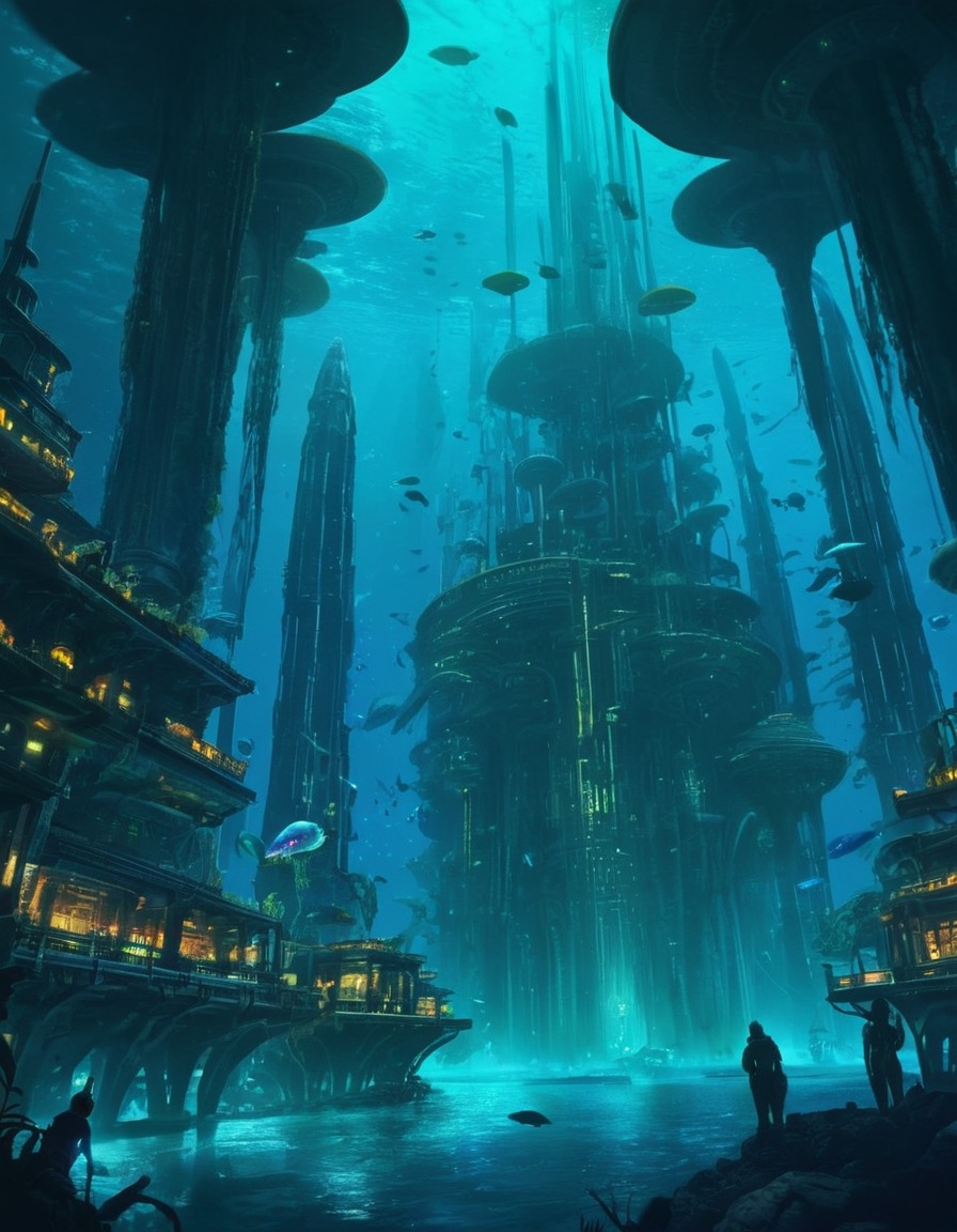 alien city, bioluminescent, underwater, aquatic aliens, majestic, extraterrestrial, aliens