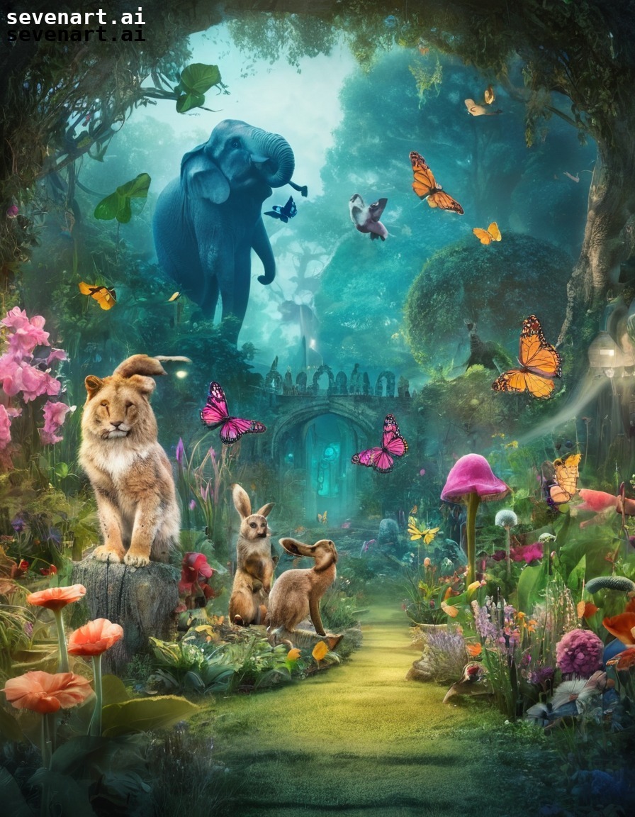 enchanted garden, plants, animals, fantasy, magical realm