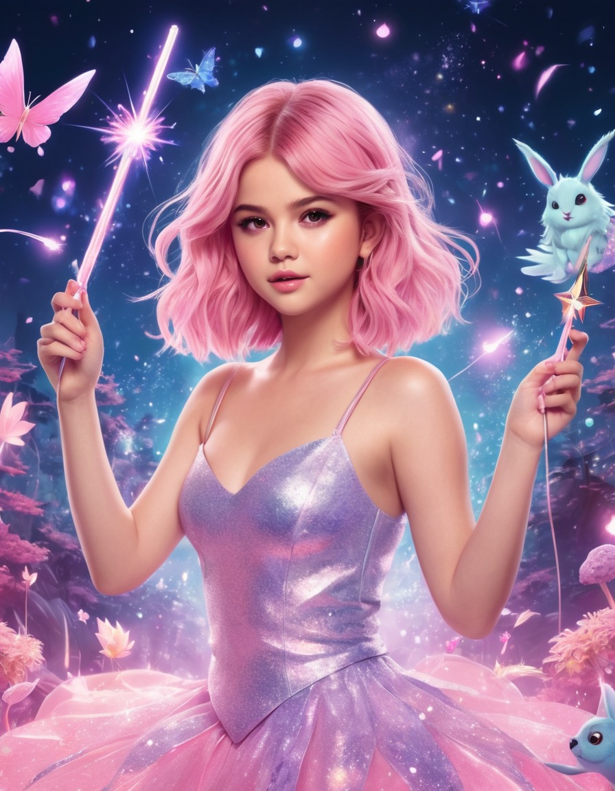 selena gomez, pastel pink hair, magic wand, sparkles, mystical creatures, anime