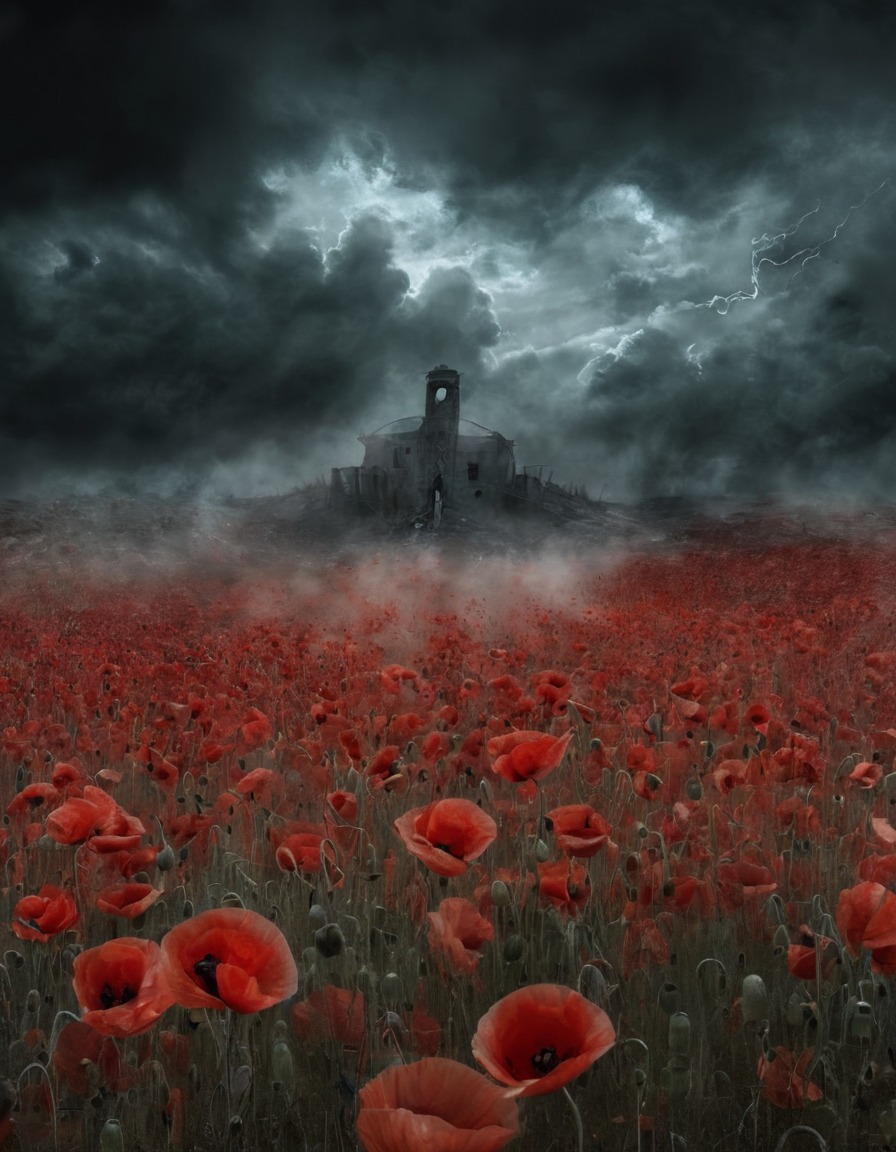 field of poppies, dreamlike, mystical, vapors, nature, fantasy, enchantment