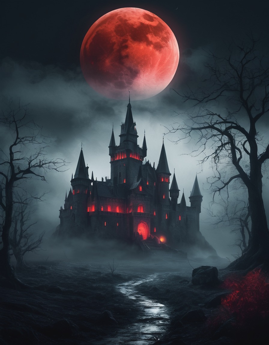 castle, mist, blood-red moon, haunting, gothic, underground, dark