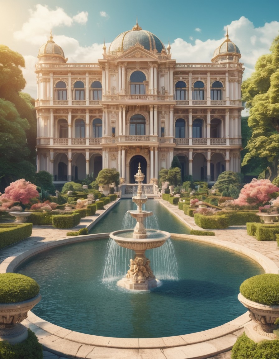 palace, ornate, gardens, fountains, bloom