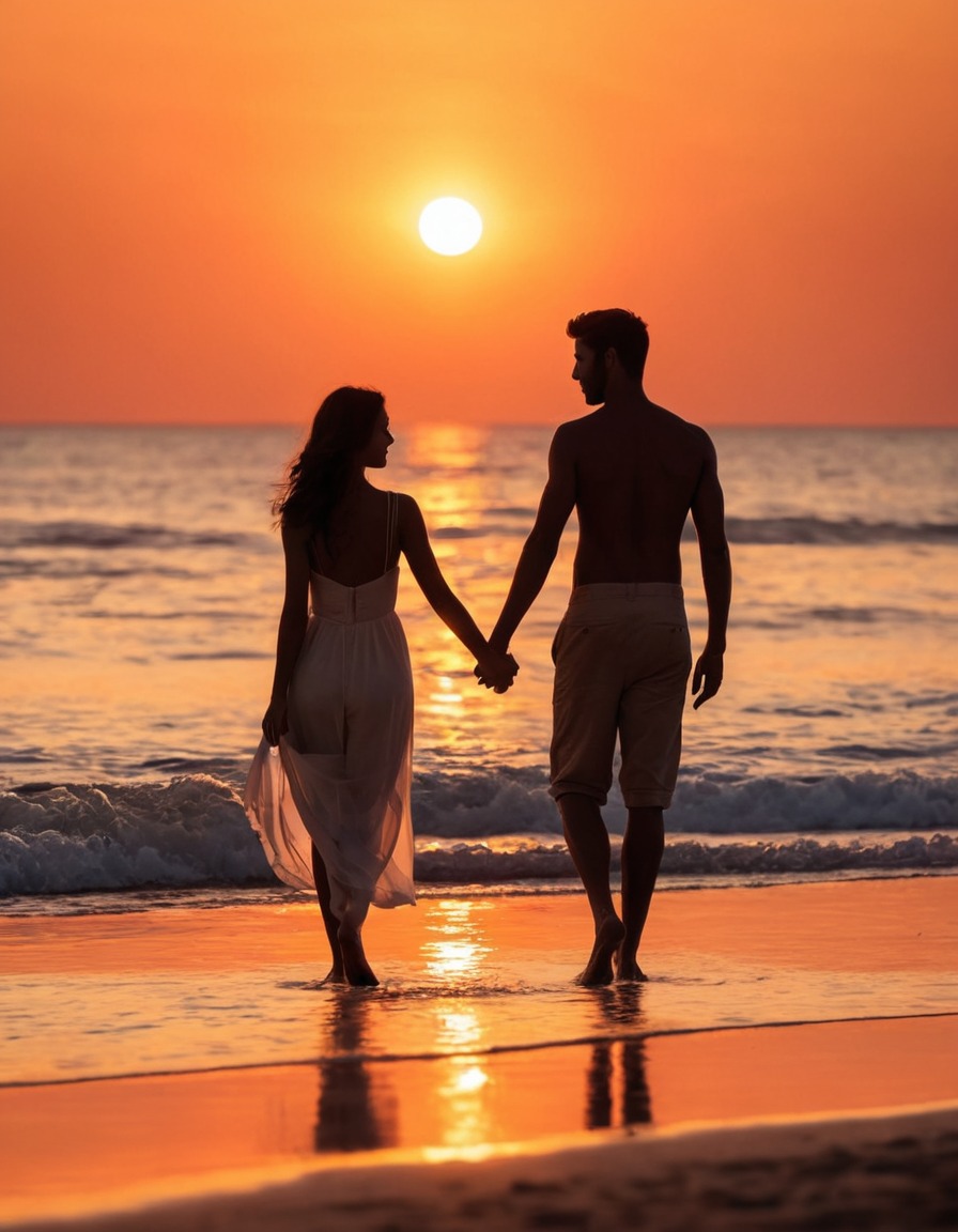 sunset, beach, silhouettes, couple, love