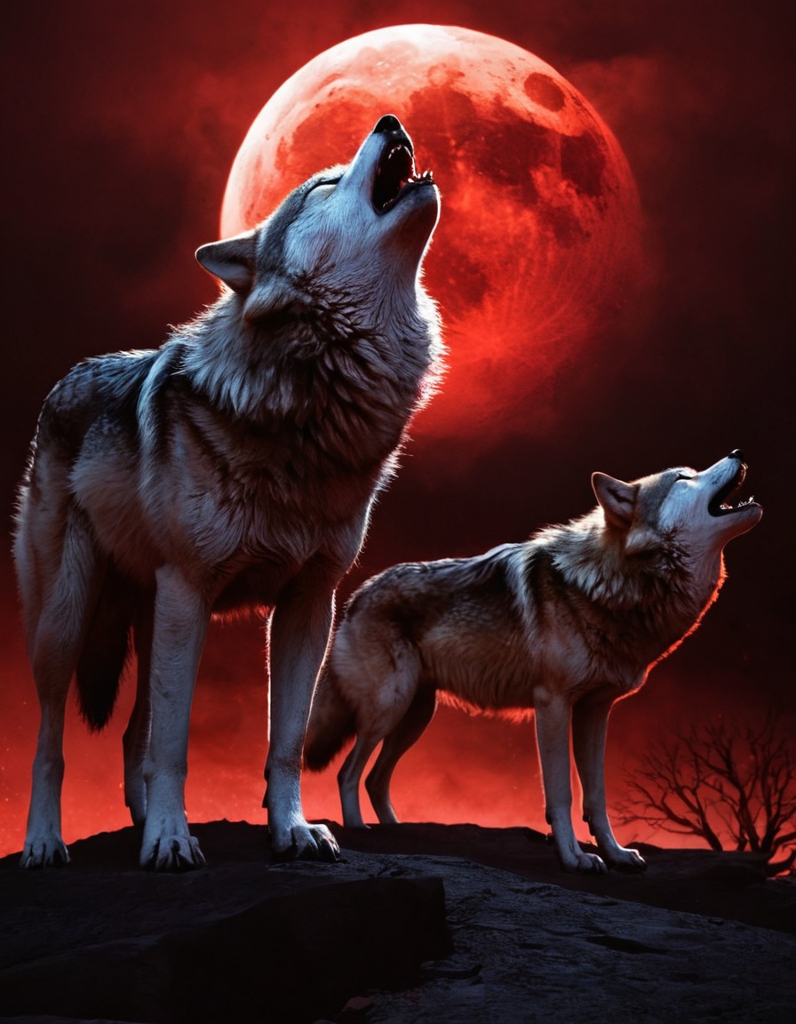 wolves, blood moon, mystical, night sky, nature, forest, moonlight