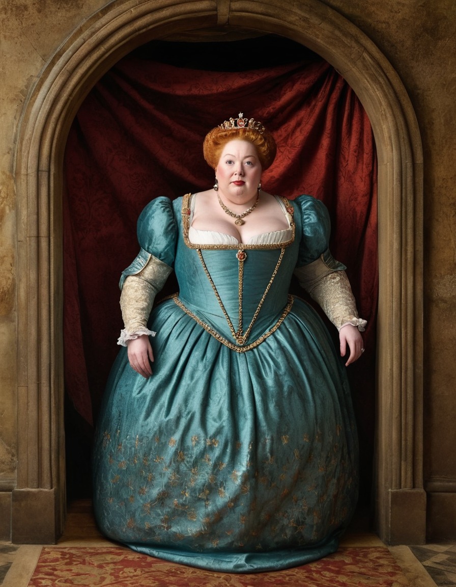 elizabeth i, overweight, struggle, doorway, humor, historical figure, fat