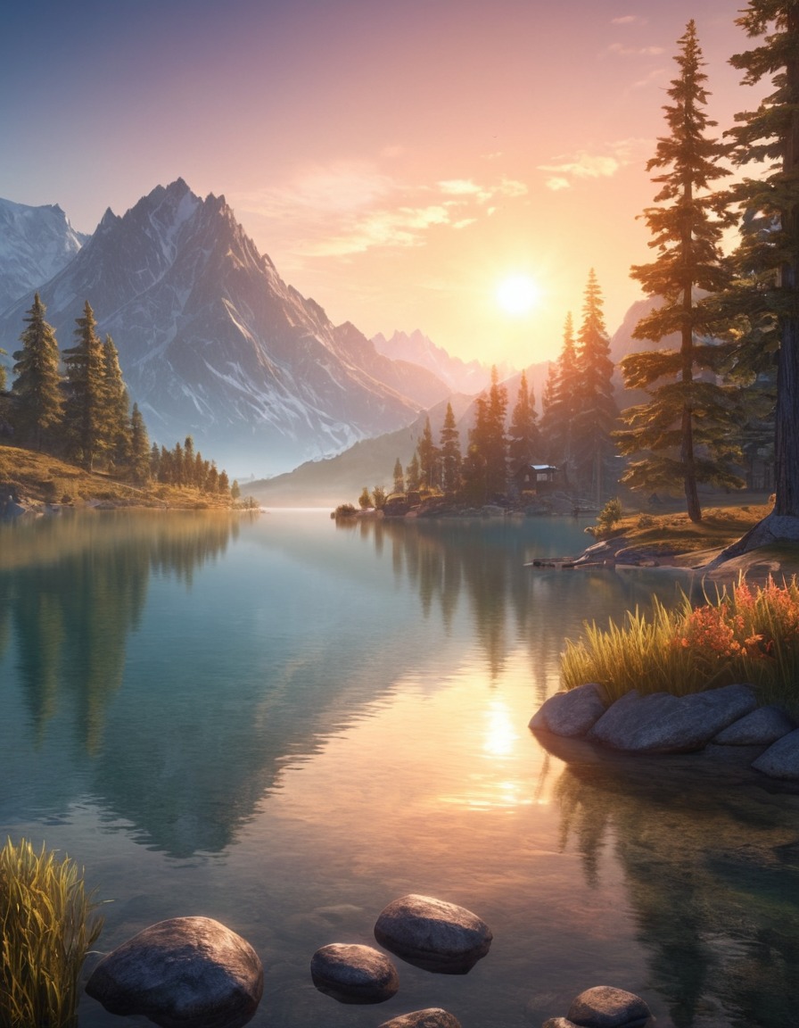 mountain, lake, sunrise, nature, serene