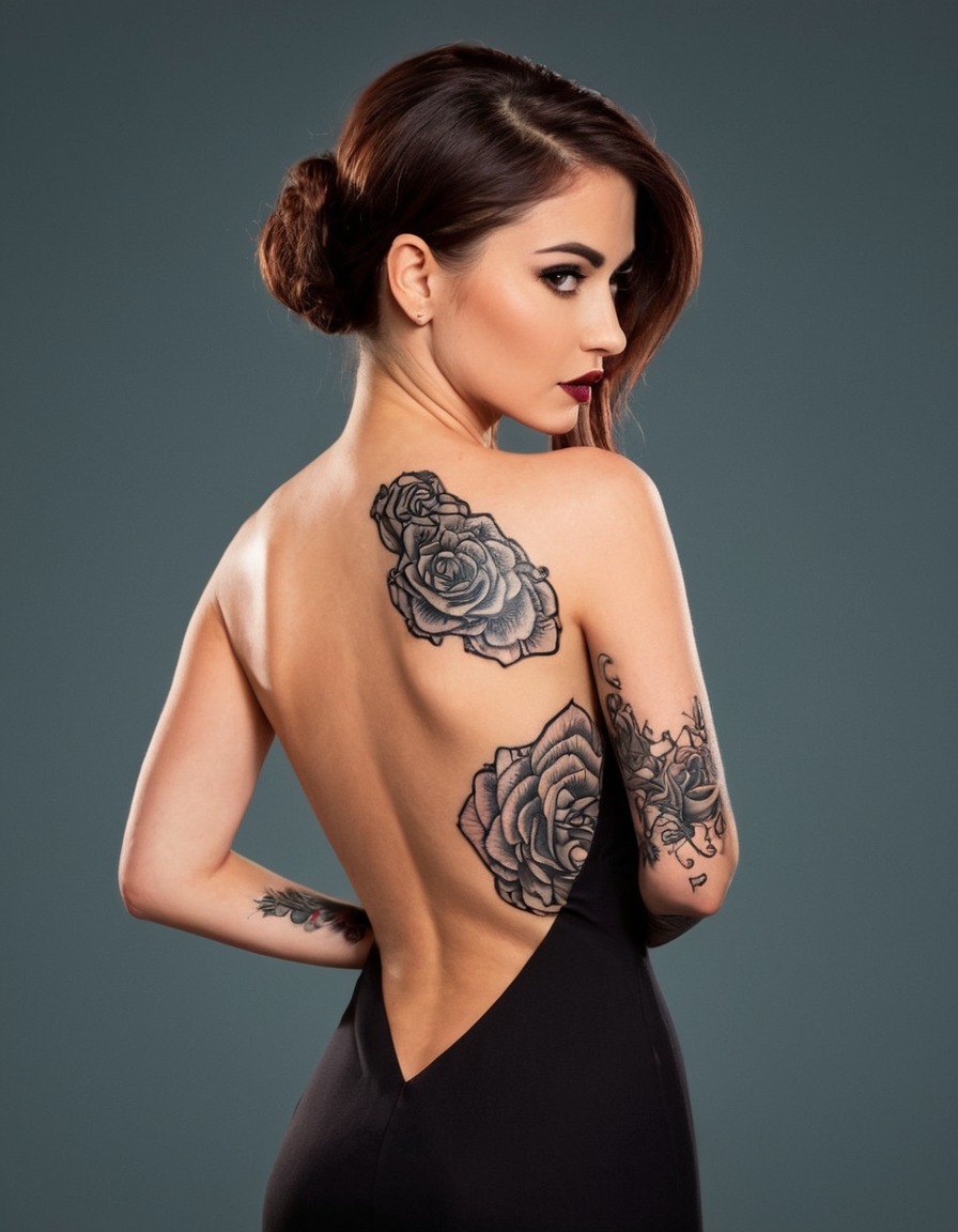 woman, fierce, tattoo, backless dress, sex appeal