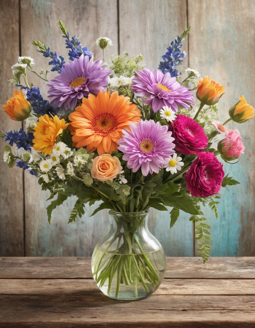 flowers, bouquet, fresh, fragrant, wooden table, home, interior