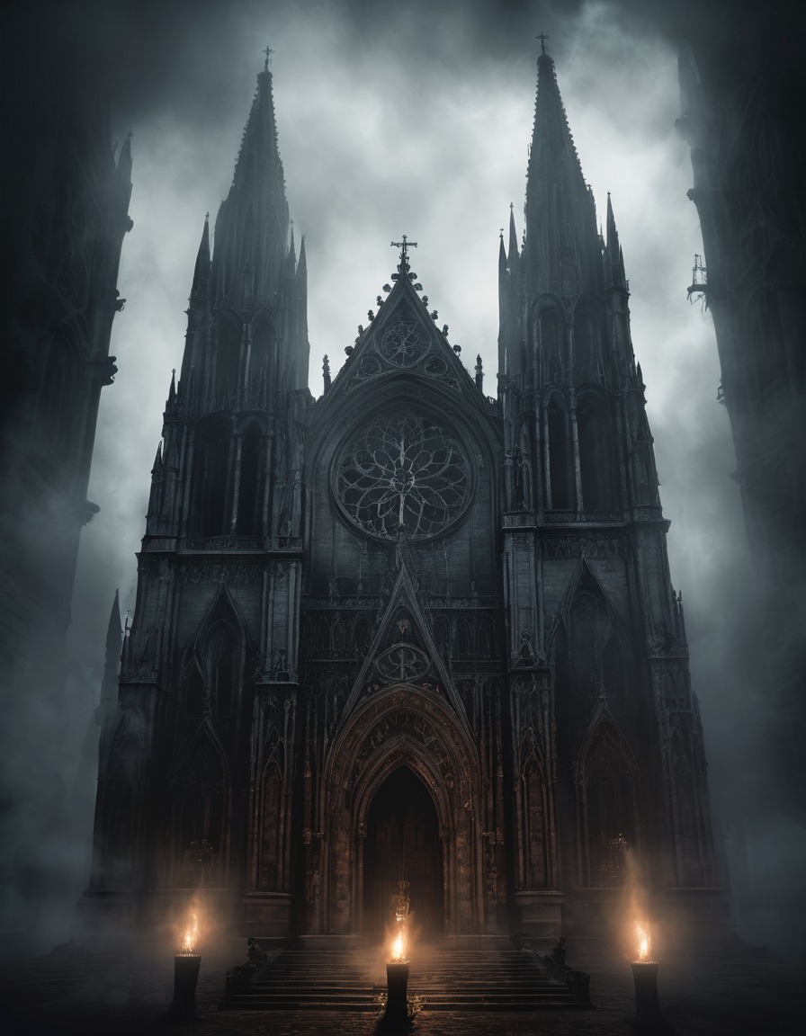 cathedral, gothic, mist, torches, underground, dark