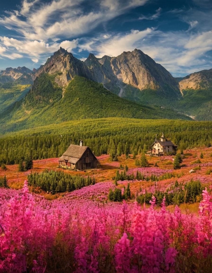 poland, landscape, mountain, cottage, pink flowers, wild flowers, path, nature, flowers, beautiful, petitworld favs