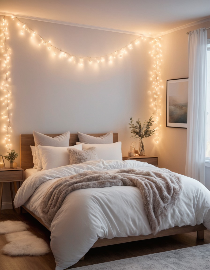 serene, bedroom, fluffy duvet, string lights, home, interior