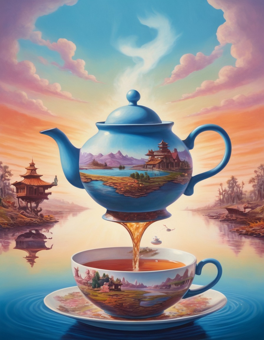 teapot, river, tea, cup, lake, surreal