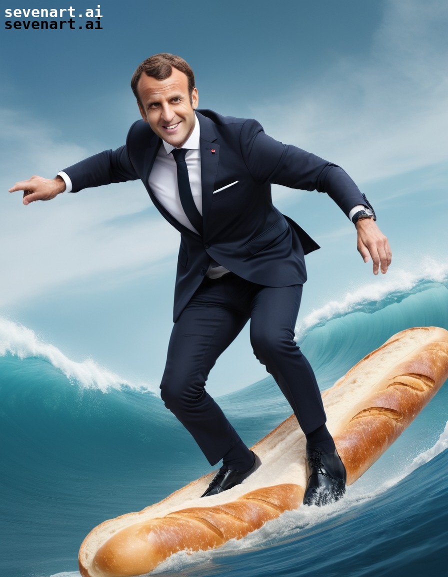 emmanuel macron, giant baguette, surfboard, ocean, humor, france