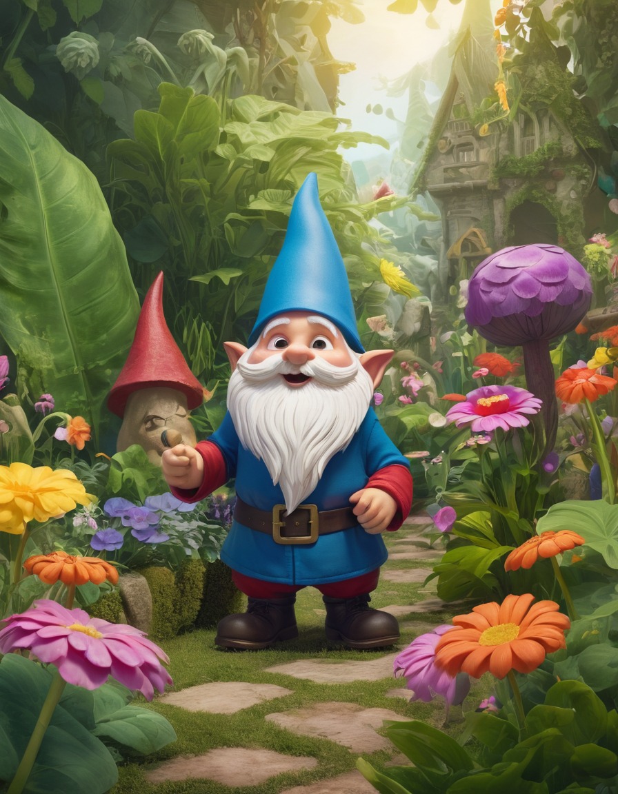 gnome, mischief, whimsical, garden, oversized plants, fantastic