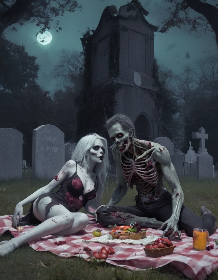 zombie, romantic, picnic, graveyard