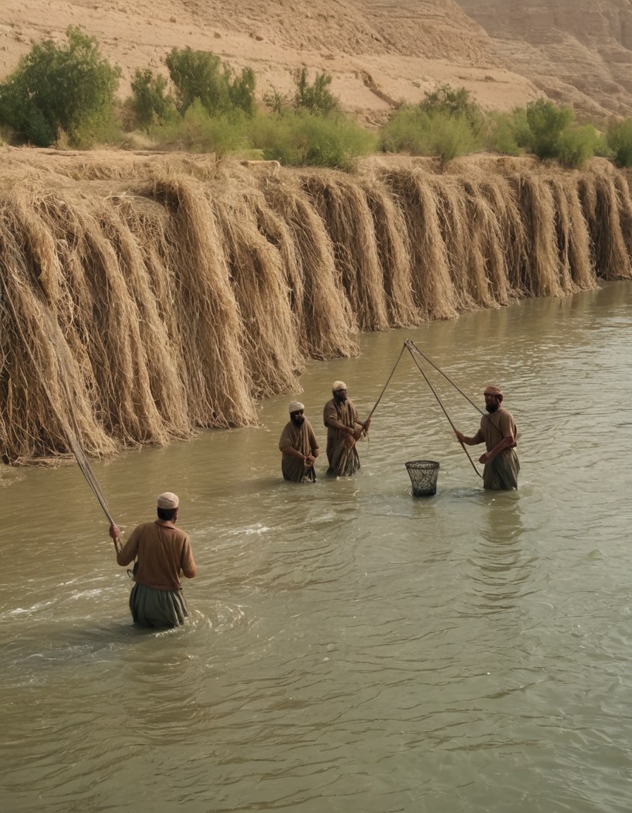 ancient civilization, mesopotamia, fishermen, fishing techniques, river fishing, net fishing, 4000 bc