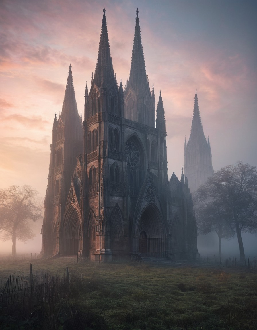 abandoned, gothic, cathedral, dusk, mist, architecture