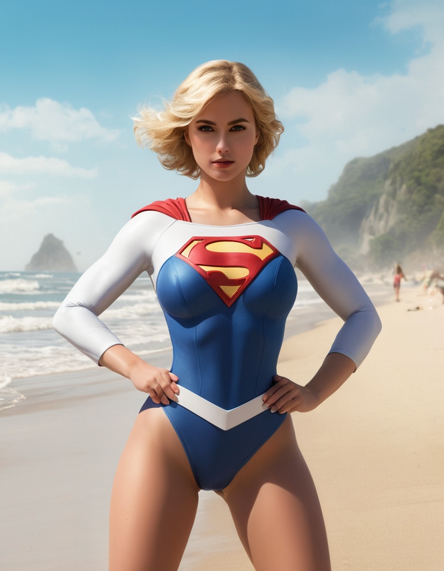 beach, photoshoot, power girl, cosplay, superhero, superheroine, bikini