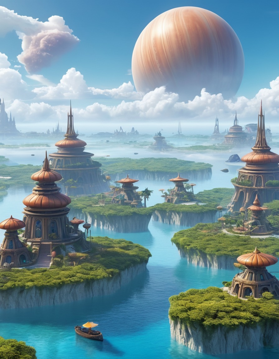 alien village, gas giant, floating islands, fantasy, extraterrestrial, clouds, aliens