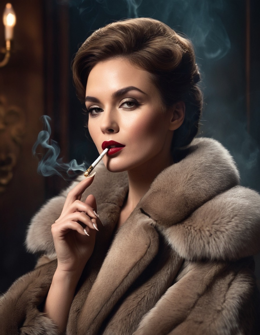 glamour, vintage, fur coat, smoking, smoldering, woman