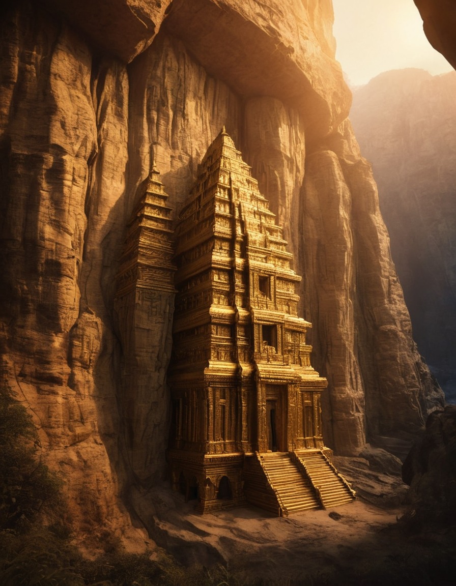 temple, cliff, golden light, mystical