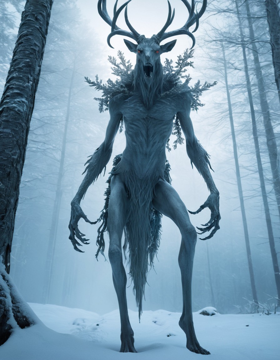 wendigo, mysterious, snowy, forest, mythical creature