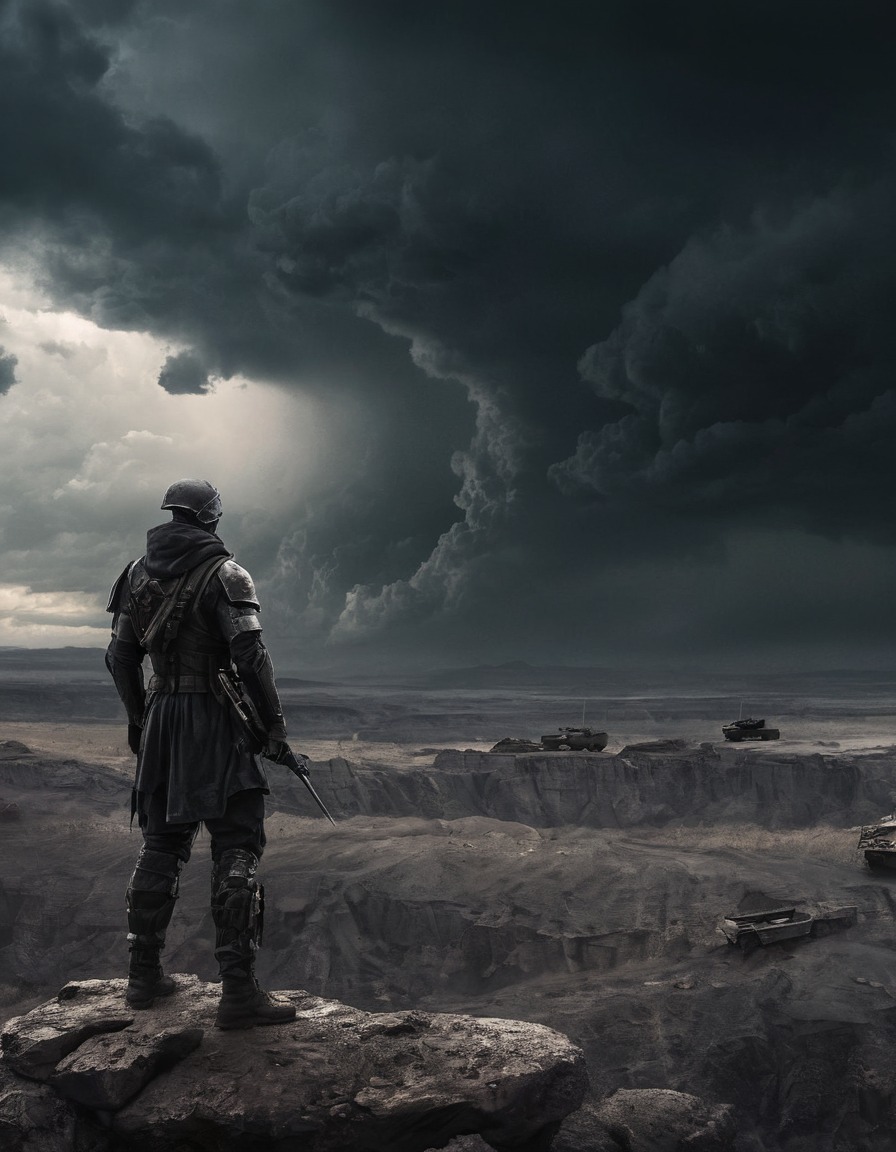 warrior, cliff, storm clouds, army, vehicles, mad max