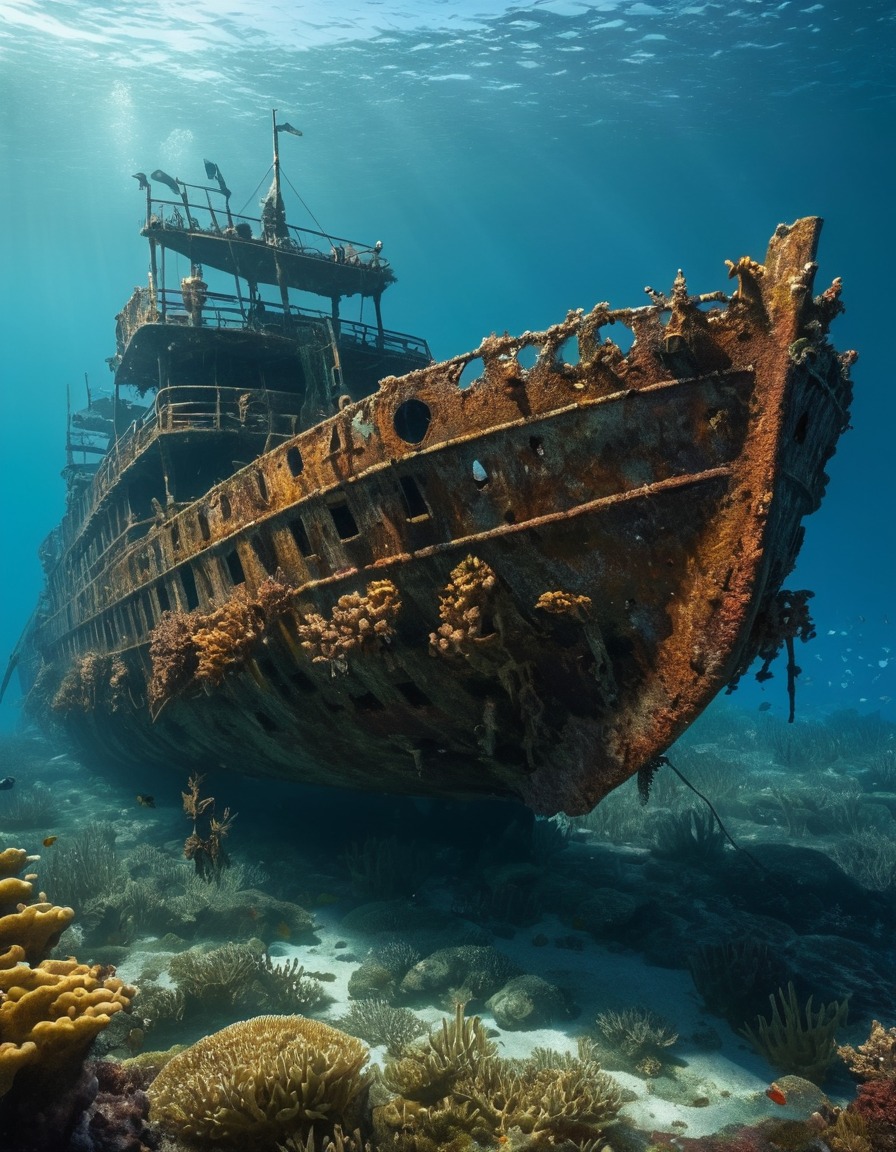 shipwreck, ocean, decaying, rusted hull, barnacles, seaweed, lovecraft, howard lovecraft