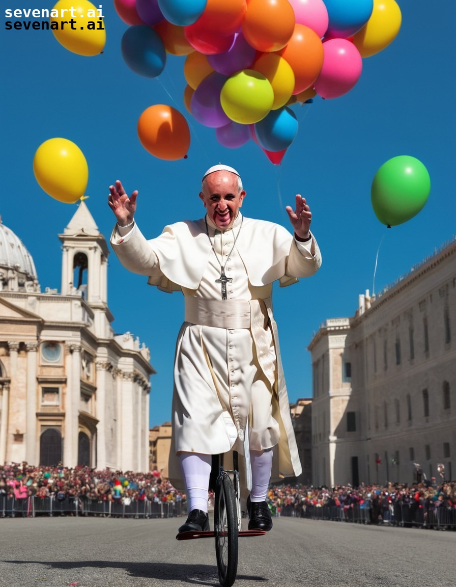 pope francis, unicycle, juggling, colorful balloons, humorous, vatican