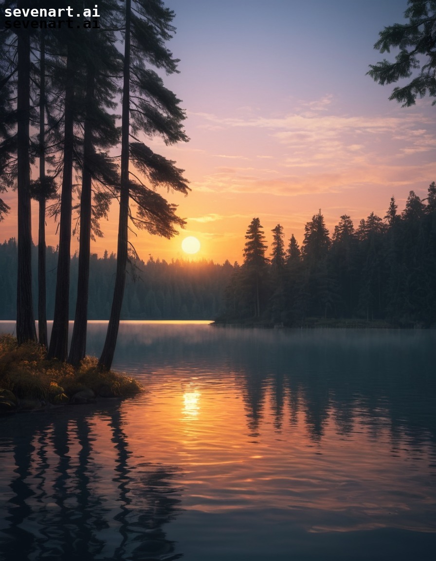 nature, sunset, lake, trees, tranquil