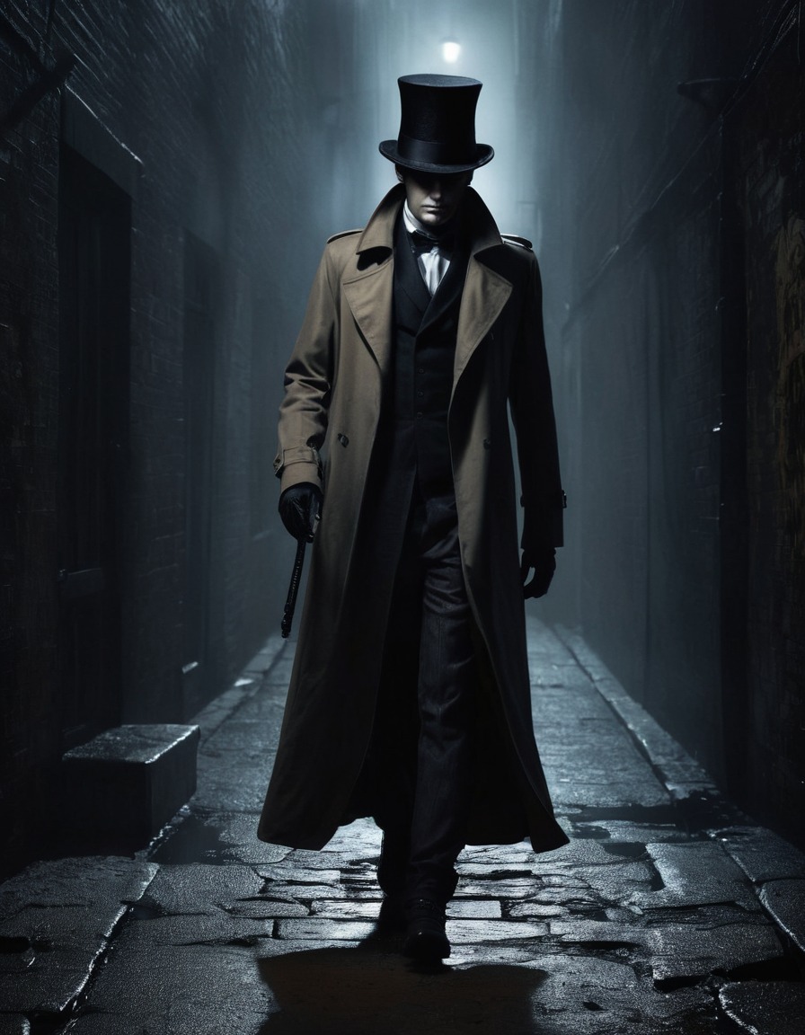 mysterious, figure, top hat, trench coat, alley, dark, mysterious figure, gothic, underground