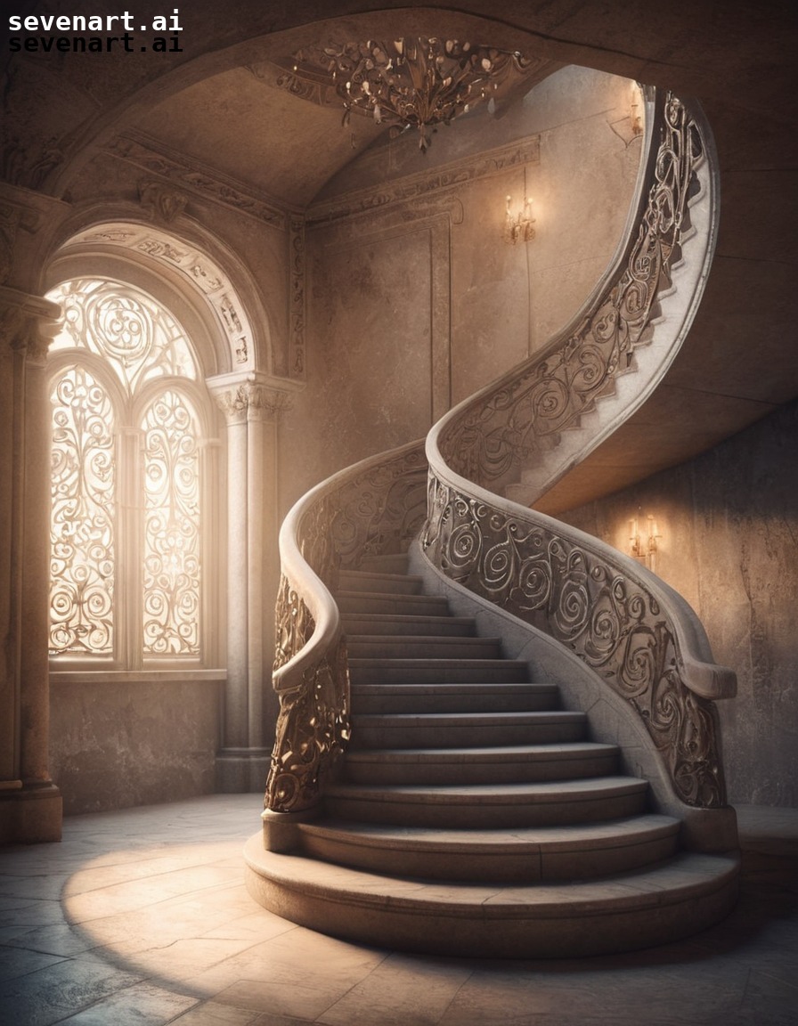 castle, staircase, ancient, ornate, light