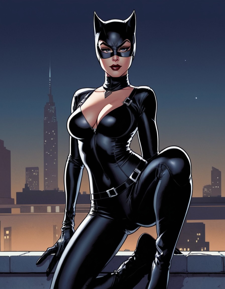 catwoman, superhero, comic character, rooftop, night scene, sleek, provocative pose, sexy, painted