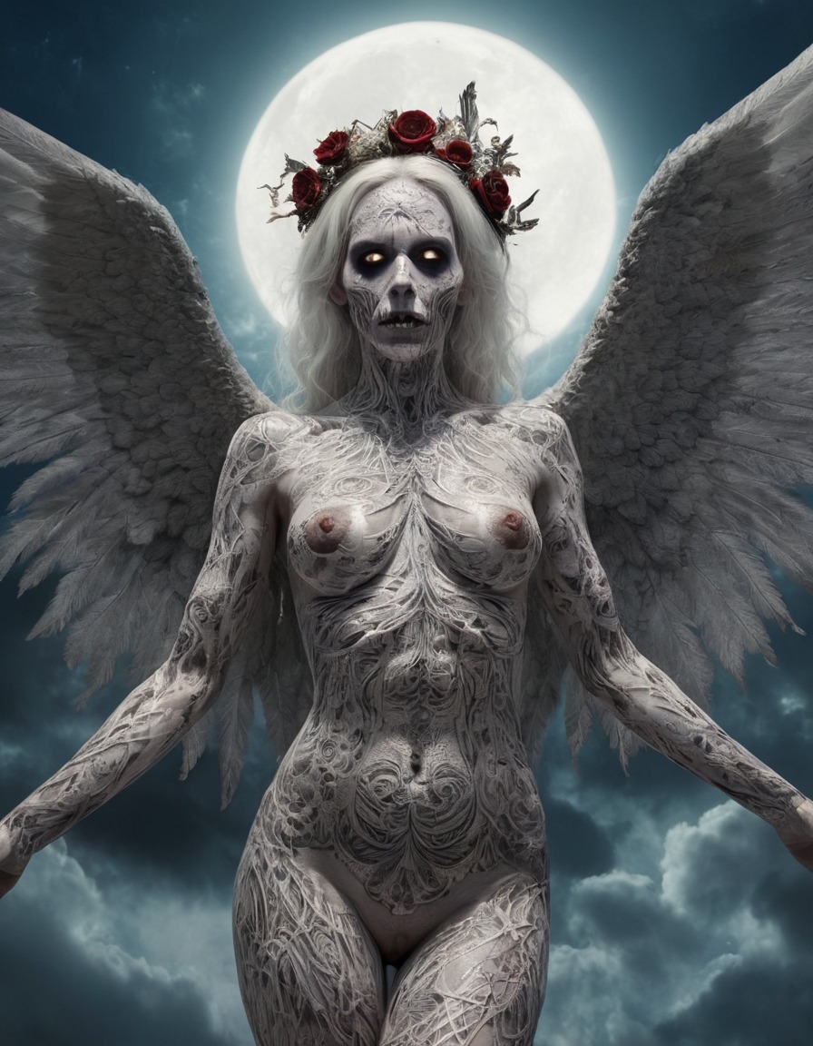 heaven, angels, zombies, female angel, celestial beings, intricate patterns, sky