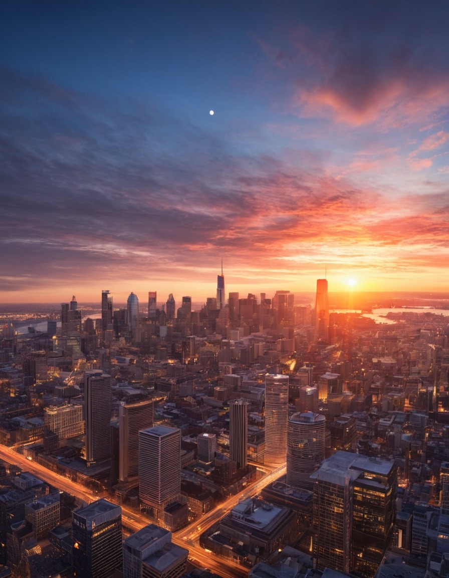 cityscape, sunrise, time-lapse photography, urban scene