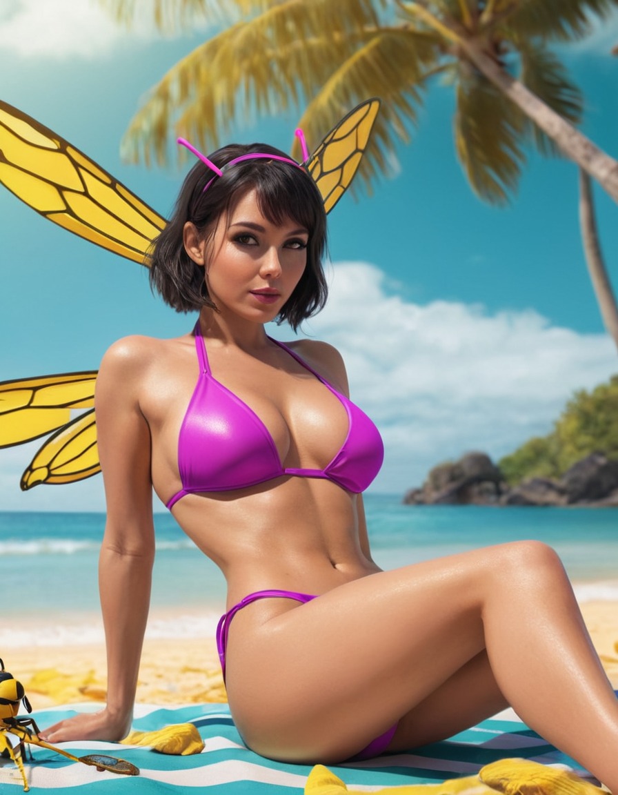 female, superhero, beach, relaxation, vibrant fashion, superheroine, bikini