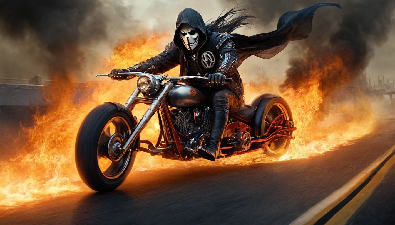 digitalart, skull, motorcycle, dreamup, digitalpainting, characterdesign, wallpaper, car, vehicle, badass, fanart, highwaytohell, ai_art