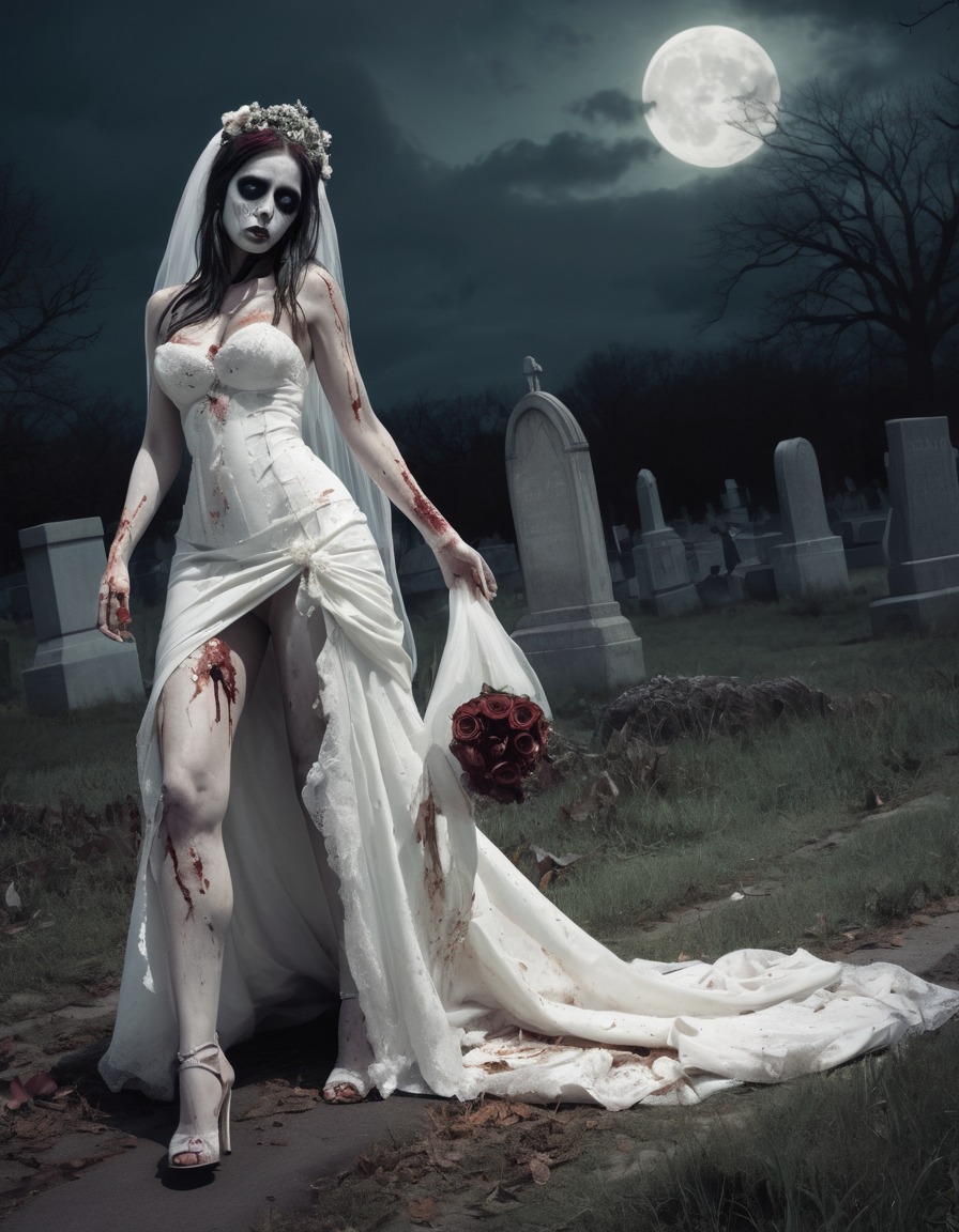 zombie, bride, wedding dress, graveyard, horror, undead