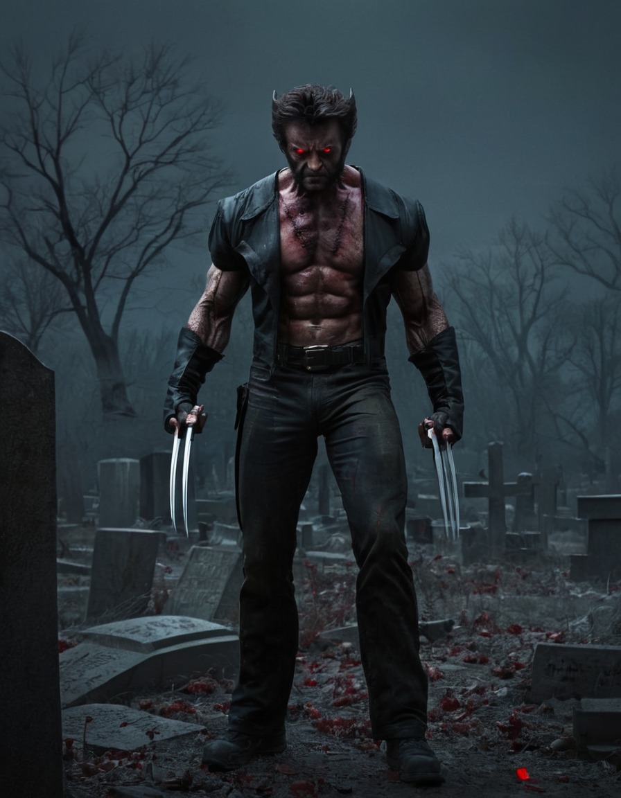 wolverine, decaying flesh, glowing eyes, graveyard, eerie, darkness, zombie, marvel